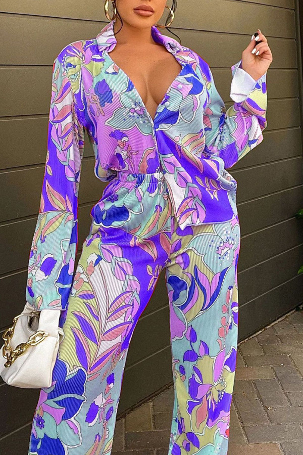 Purple Fashion Casual Character Patchwork Buckle Turndown Collar Long Sleeve Two Pieces