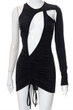Black Fashion Sexy Solid Hollowed Out Draw String Frenulum O Neck Irregular Dress
