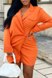 Orange Fashion Casual Solid Bandage Patchwork Turndown Collar Long Sleeve Dresses