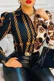 Black Fashion Casual Print Patchwork Turndown Collar Tops