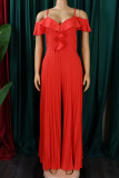 Red Casual Solid Patchwork Flounce Spaghetti Strap Straight Jumpsuits