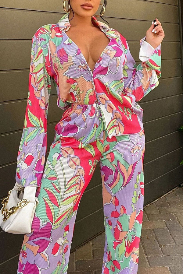 Pink Fashion Casual Character Patchwork Buckle Turndown Collar Long Sleeve Two Pieces