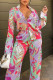 Pink Fashion Casual Character Patchwork Buckle Turndown Collar Long Sleeve Two Pieces
