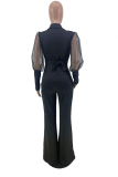 Blue Fashion Solid Mesh V Neck Boot Cut Jumpsuits(Without belt)