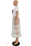 White Casual Lips Printed Patchwork Mesh O Neck T-Shirts