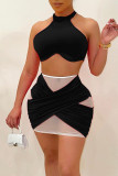 Pink Sexy Solid Patchwork See-through Halter Sleeveless Two Pieces