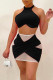 Black Sexy Solid Patchwork See-through Halter Sleeveless Two Pieces