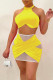 Yellow Sexy Solid Patchwork See-through Halter Sleeveless Two Pieces