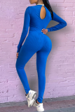Blue Sexy Solid Hollowed Out Half A Turtleneck Skinny Jumpsuits