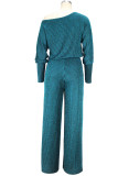 Cyan Casual Solid Bandage Patchwork Oblique Collar Straight Jumpsuits