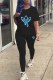 Blue Fashion Casual Print Patchwork O Neck Short Sleeve Two Pieces