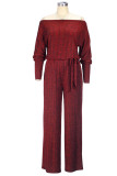 Burgundy Casual Solid Bandage Patchwork Oblique Collar Straight Jumpsuits