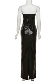 Black Sexy Solid Hollowed Out Patchwork Slit Strapless One Step Skirt Dresses