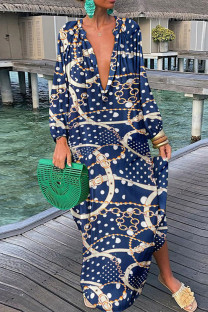 Tibetan Blue Sexy Print Patchwork V Neck Straight Dresses