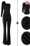 Black Sexy Solid Patchwork See-through Hot Drill Oblique Collar Boot Cut Jumpsuits