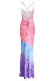 Turquoise Sexy Print Patchwork Spaghetti Strap Straight Dresses