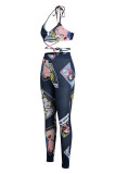 Tibetan Blue Fashion Sexy Print Bandage Backless Spaghetti Strap Sleeveless Two Pieces
