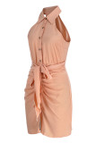 Nude Pink Sexy Solid Bandage Patchwork Buckle Fold Turndown Collar One Step Skirt Dresses