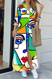 Colour Casual Street Print Patchwork Buckle Turndown Collar Shirt Dress Dresses