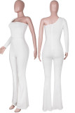 White Sexy Solid Patchwork See-through Hot Drill Oblique Collar Boot Cut Jumpsuits