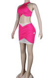 Pink Sexy Solid Patchwork See-through Halter Sleeveless Two Pieces