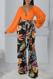 Tangerine Casual Print Bandage Patchwork V Neck Long Sleeve Two Pieces