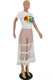 White Casual Lips Printed Patchwork Mesh O Neck T-Shirts