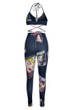 Tibetan Blue Fashion Sexy Print Bandage Backless Spaghetti Strap Sleeveless Two Pieces