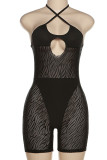 Black Sexy Solid Patchwork See-through Halter Regular Rompers