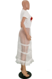 White Casual Lips Printed Patchwork Mesh O Neck T-Shirts