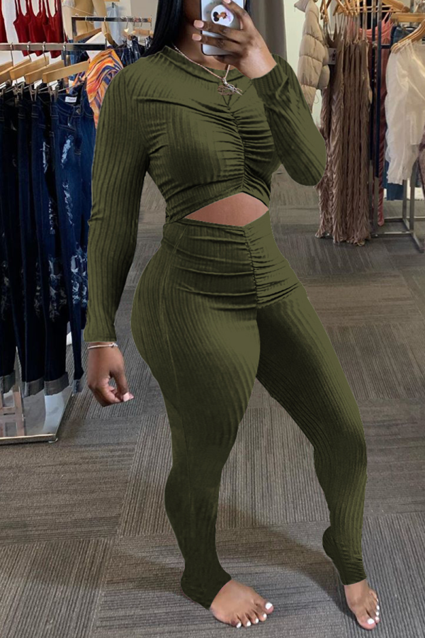 Army Green Sexy Solid Hollowed Out Half A Turtleneck Skinny Jumpsuits