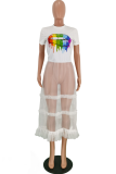 White Casual Lips Printed Patchwork Mesh O Neck T-Shirts