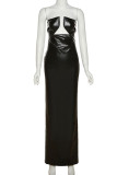 Black Sexy Solid Hollowed Out Patchwork Slit Strapless One Step Skirt Dresses