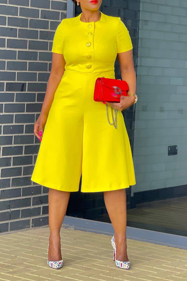 Yellow Casual Solid Patchwork O Neck Straight Rompers