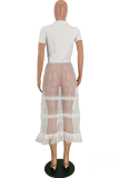 White Casual Lips Printed Patchwork Mesh O Neck T-Shirts