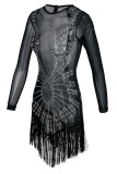 Black Sexy Solid Tassel Patchwork See-through Hot Drill O Neck One Step Skirt Dresses