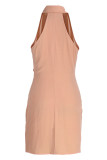 Nude Pink Sexy Solid Bandage Patchwork Buckle Fold Turndown Collar One Step Skirt Dresses