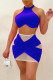 Blue Sexy Solid Patchwork See-through Halter Sleeveless Two Pieces