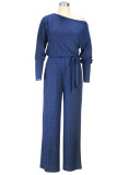 Blue Casual Solid Bandage Patchwork Oblique Collar Straight Jumpsuits