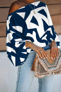 Blue Casual Print Patchwork Off the Shoulder Tops