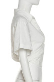 White Casual Solid Patchwork Asymmetrical Turndown Collar Tops