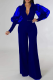 Blue Fashion Solid Mesh V Neck Boot Cut Jumpsuits(Without belt)