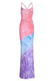 Turquoise Sexy Print Patchwork Spaghetti Strap Straight Dresses