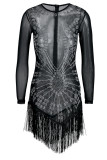 Black Sexy Solid Tassel Patchwork See-through Hot Drill O Neck One Step Skirt Dresses