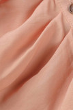 Nude Pink Sexy Solid Bandage Patchwork Buckle Fold Turndown Collar One Step Skirt Dresses