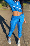 Blue Casual Solid Patchwork Turndown Collar Long Sleeve Two Pieces