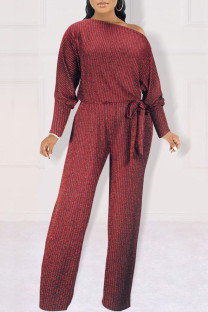 Burgundy Casual Solid Bandage Patchwork Oblique Collar Straight Jumpsuits
