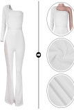 White Sexy Solid Patchwork See-through Hot Drill Oblique Collar Boot Cut Jumpsuits