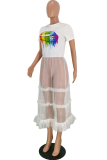 White Casual Lips Printed Patchwork Mesh O Neck T-Shirts