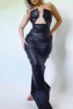 Black Sexy Solid Hollowed Out Patchwork Slit Strapless One Step Skirt Dresses